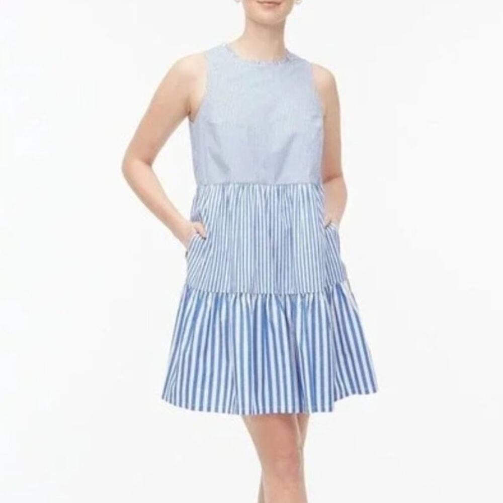 J.Crew Blue White Striped Tiered Cotton Poplin Dress 2 Preppy Costal Old Money